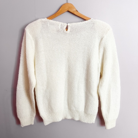 Vintage Cream Cable Knit Sweater with Bows and Pearls Size Large Coquette Girly - Picture 3 of 14